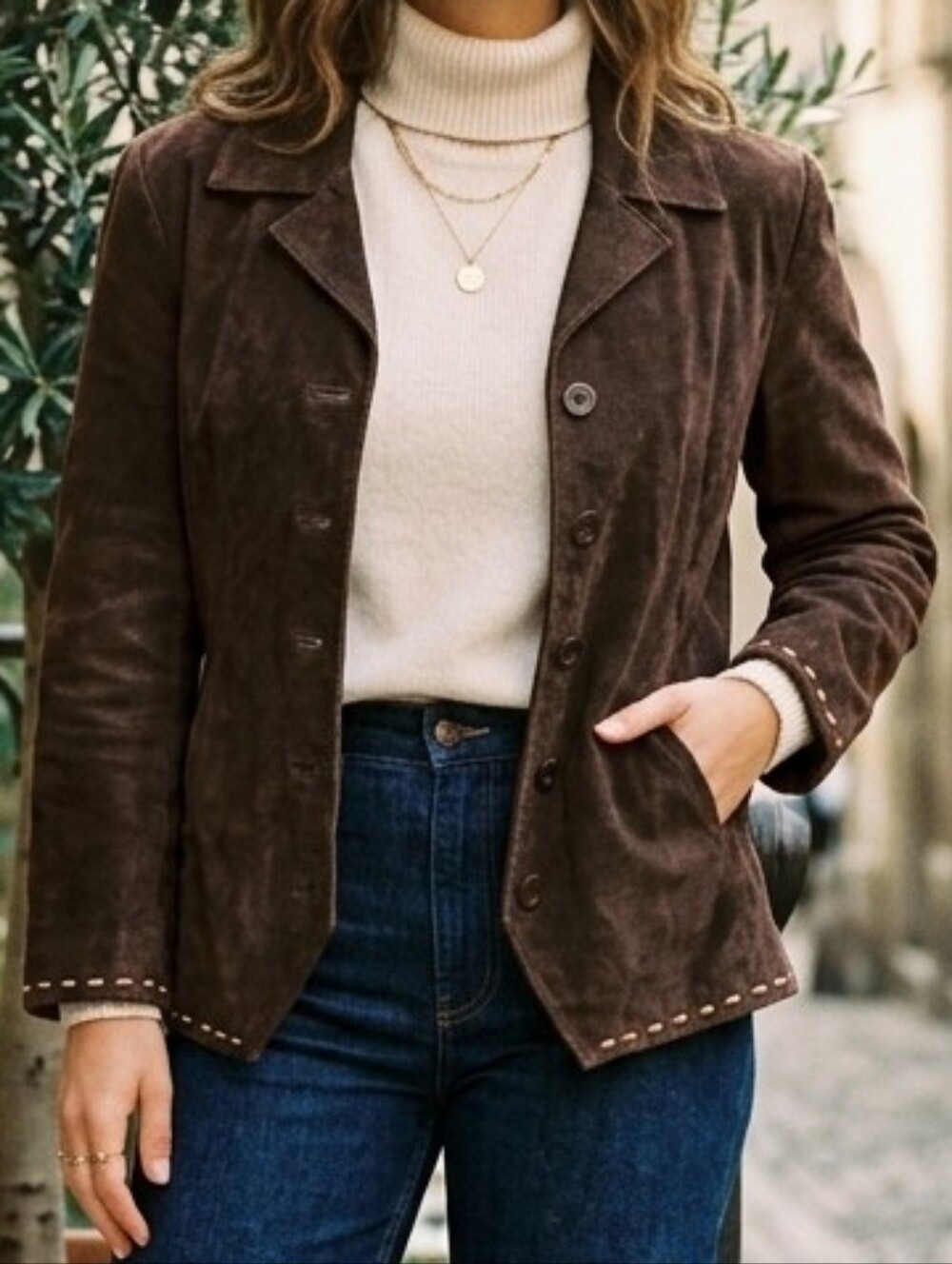 Real leather Button Jacket with Stud Trim